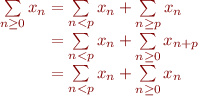 $$\[\begin{array}{r@{}l}
\sum\limits_{n \ge 0}x_n
&{} = \sum\limits_{n < p}x_n + \sum\limits_{n \ge p}x_n\\
&{} = \sum\limits_{n < p}x_n + \sum\limits_{n \ge 0}x_{n+p}\\
&{} = \sum\limits_{n < p}x_n + \sum\limits_{n \ge 0}x_n\\
\end{array}\]$$